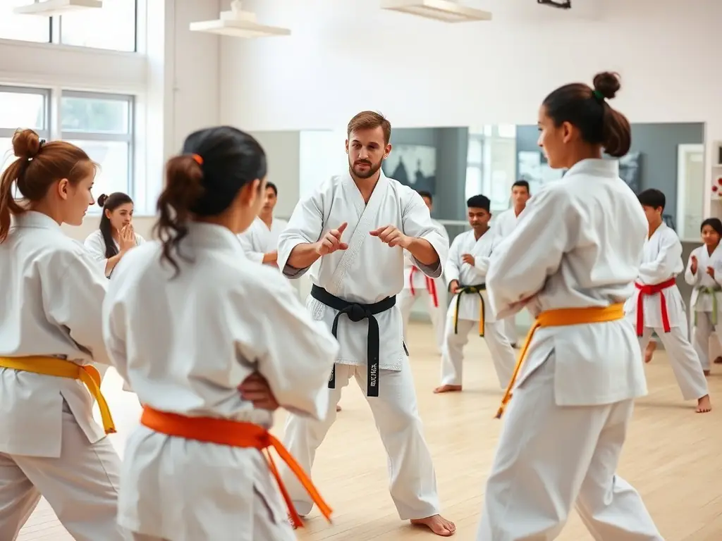 A diverse group of karate students participating in a karate workshop, learning new techniques and strategies from a guest instructor.