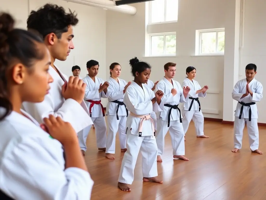 A dynamic shot of karate students practicing basic stances in a dojo, emphasizing discipline and focus.