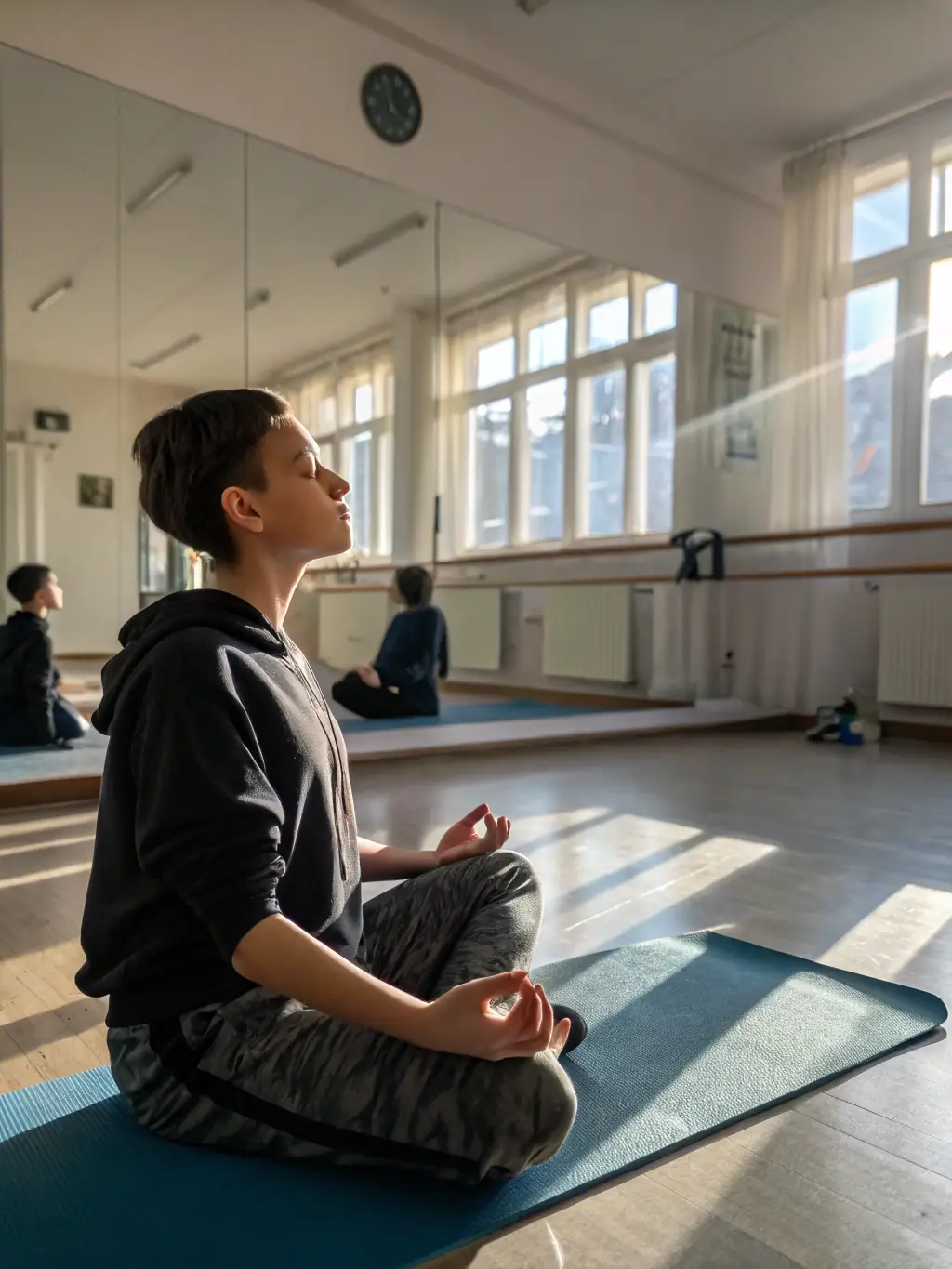 A serene karate student meditating after a training session at KARATE CLUB DE SAVIGNY EN SANCERRE, highlighting the mental well-being aspect.