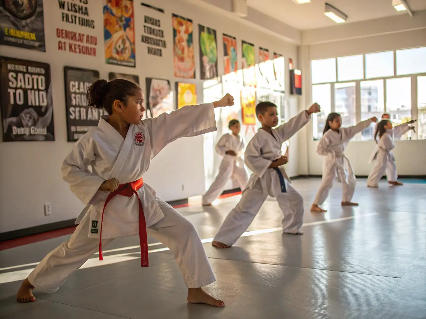A dynamic image of students practicing karate techniques in a well-lit dojo, showcasing discipline and energy.