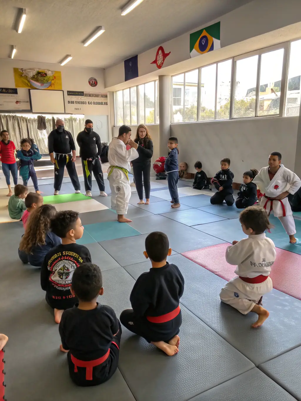 Students of various ages and skill levels interacting positively in a karate class, showcasing the community spirit at KARATE CLUB DE SAVIGNY EN SANCERRE.