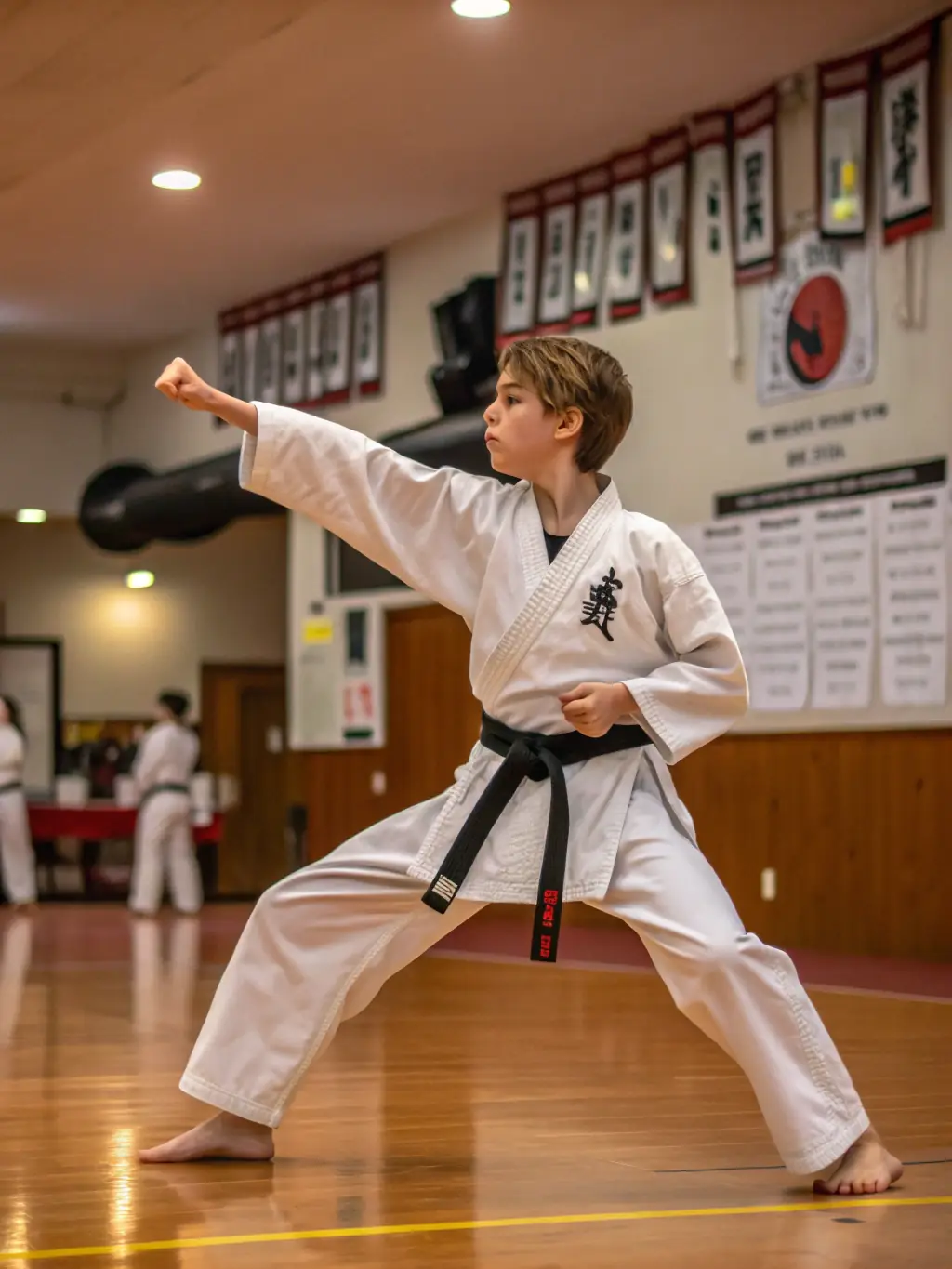 A focused karate student in a white gi, executing a precise front kick during a training session at KARATE CLUB DE SAVIGNY EN SANCERRE, showcasing the physical fitness aspect of karate.