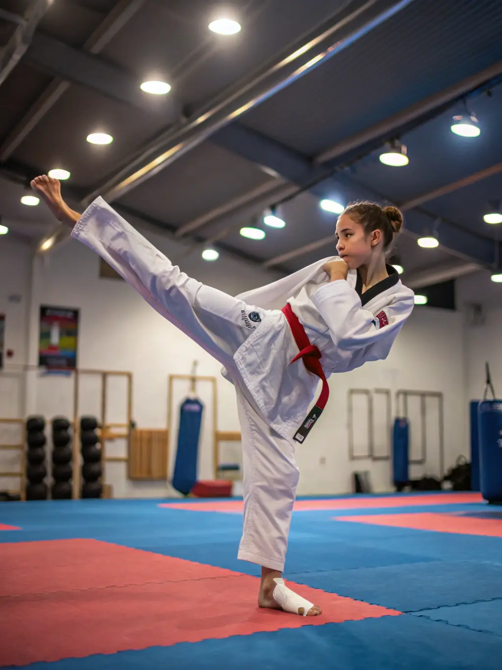 A focused image of a karate student executing a precise kick, demonstrating power and control in a training session at KARATE CLUB DE SAVIGNY EN SANCERRE.