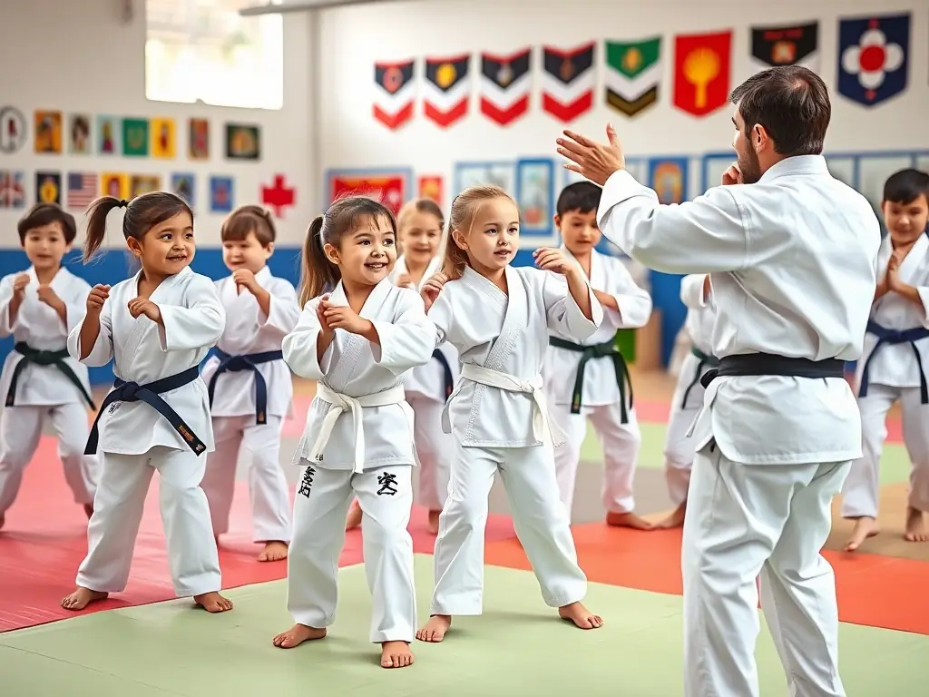 A group of children in karate uniforms practicing basic stances, emphasizing the club's commitment to youth development and discipline.