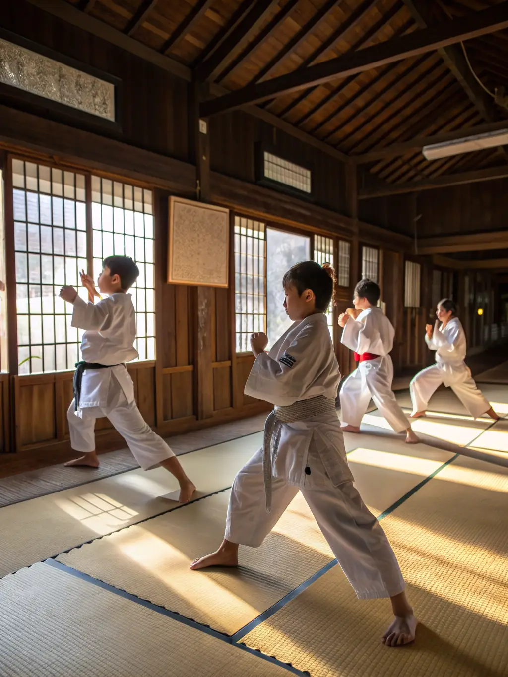A group of karate students standing in a line, demonstrating respect and discipline under the guidance of their instructor at KARATE CLUB DE SAVIGNY EN SANCERRE.