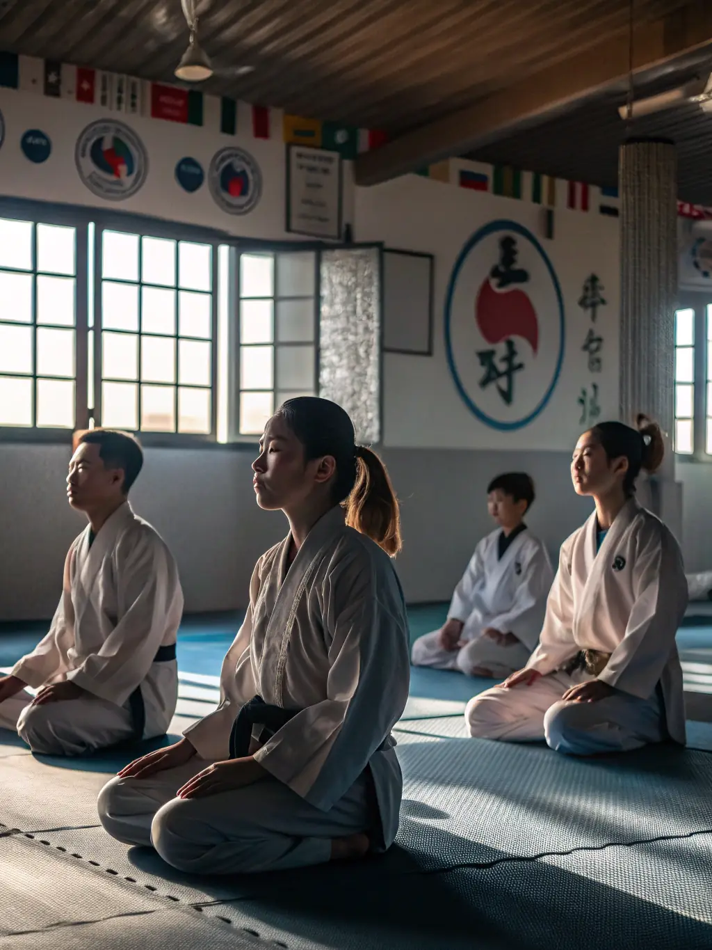 A group of karate students meditating in a dojo, emphasizing mental discipline and focus at KARATE CLUB DE SAVIGNY EN SANCERRE.
