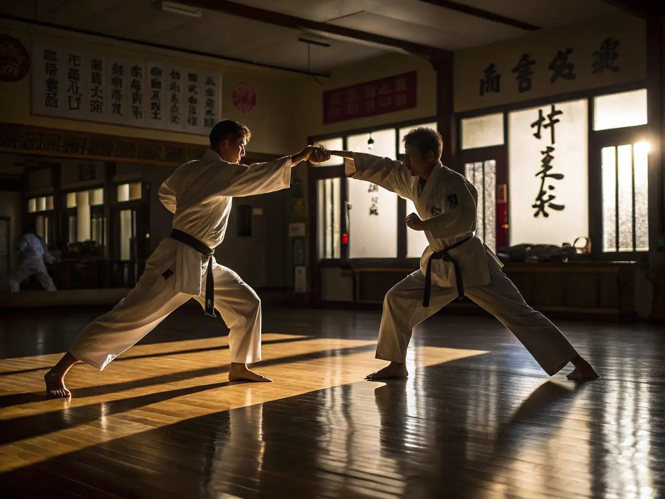An image of advanced karate practitioners demonstrating complex techniques, highlighting the club's dedication to high-level training and skill development.