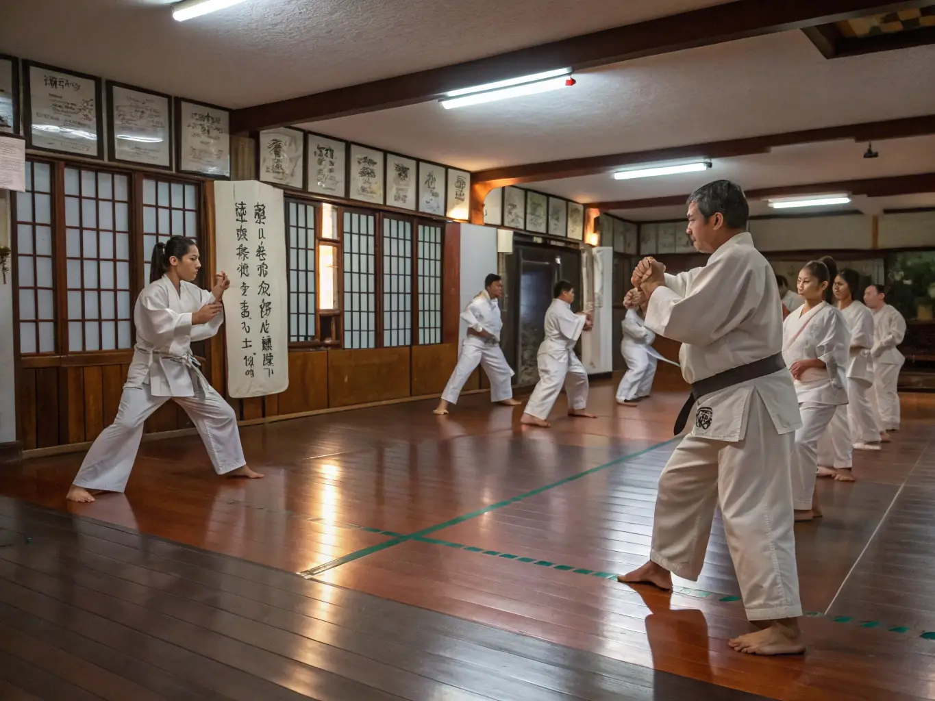 A group of karate students practicing basic stances in a dojo, focusing on form and technique, with an instructor providing guidance.