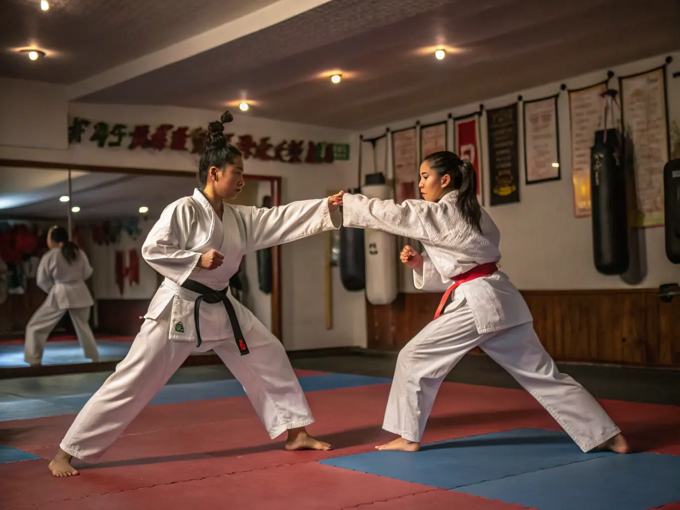 A dynamic shot of karate students sparring in a dojo, showcasing agility, speed, and controlled movements during a practice session.